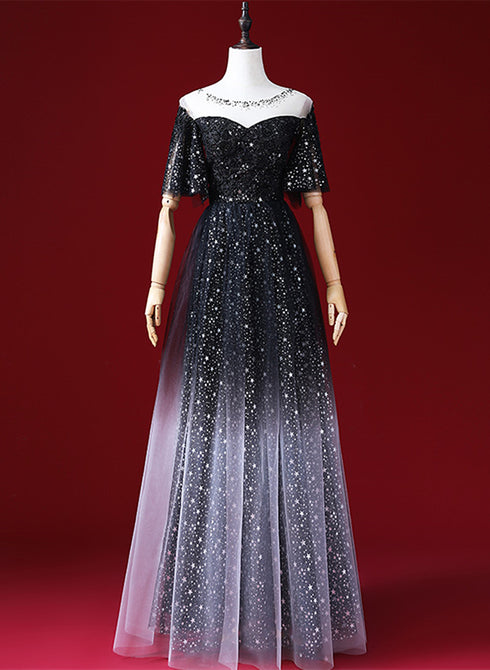 Black A-line Gradient Tulle Short Sleeves Prom Dress, Black Long Evening Dress