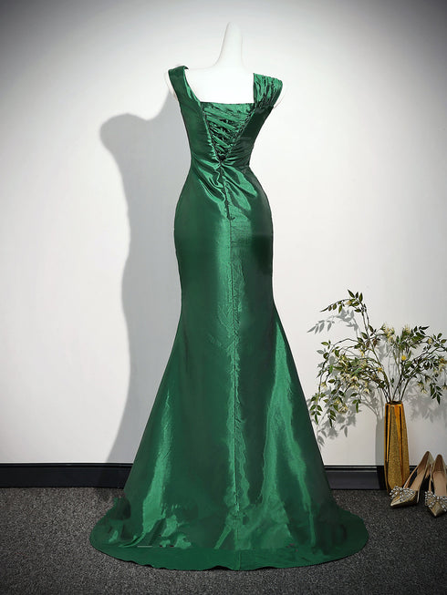 Green Satin Mermaid Simple Evening Gown Formal Dress, Green Satin Long Prom Dress