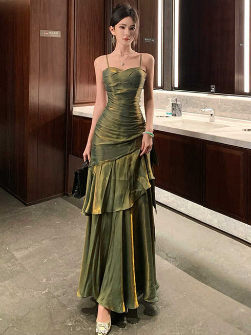 Green Chic Straps Long Prom Dress, Ruched Mermaid Green Evening Gown
