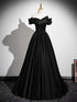 A-line Black Satin Sweetheart Off Shoulder Prom Dress, Black Satin Beaded Evening Dress