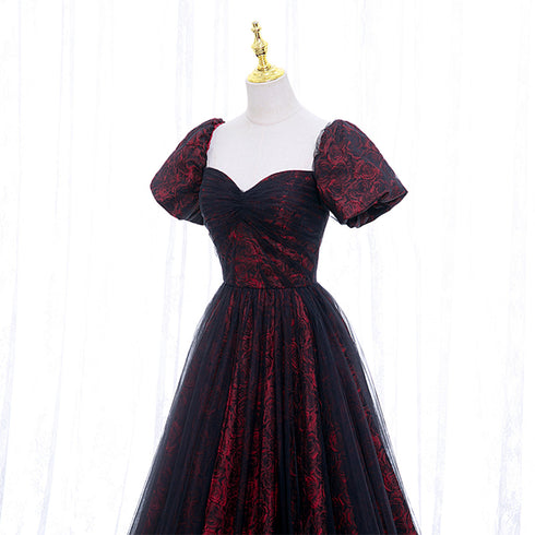 Black and Red Lace Sweetheart Long Party Dress, Black and Red A-line Prom Dress