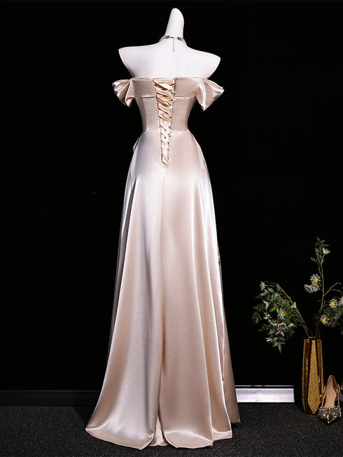 Champagne Strapless Satin Off Shoulder Prom Dress, A-line Satin Evening Dress