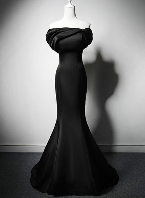 Black Mermaid Satin Off Shoulder Evening Dress, Black Satin Prom Dress