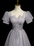 A-line Light Grey Short Sleeves Long Party Dress, Sweetheart Chic Prom Dress Evening Dress
