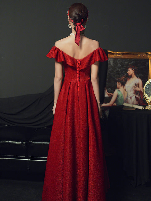 Red Off Shoulder A-line Long Party Dress Formal Dress, Red Long Prom Dress