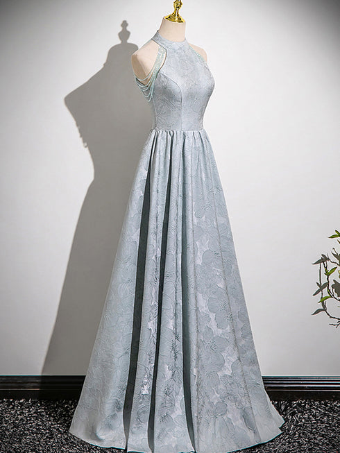 A-line Sliver-Grey Floor Length Satin Prom Dress, A-line Halter Evening Dress Prom Dress