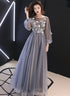 A-line Puffy Long Sleeves Flowers Tulle Party Dress, Tulle Floor Length Prom Dress