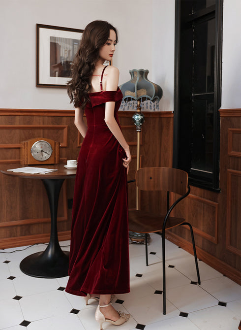 Wine Red Velvet Simple Sweetheart Off Shoulder Party Dress, Wine Red Velvet Prom Dress