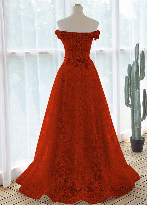 A-line Red Lace Off Shoulder Sweetheart Prom Dress, Red Lace Evening Dress
