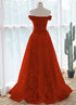 A-line Red Lace Off Shoulder Sweetheart Prom Dress, Red Lace Evening Dress
