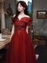 Wine Red Tulle Off Shoulder Floor Length Party Dress, Wine Red Long Prom Dress