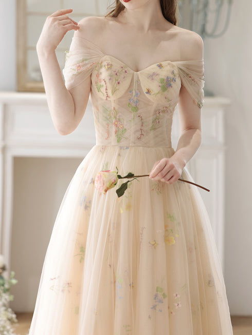 Light Champagne Floral Tulle Off Shoulder Party Dress, A-line Floral Prom Dress