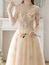 Light Champagne Floral Tulle Off Shoulder Party Dress, A-line Floral Prom Dress