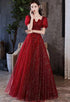 Wine Red Short Sleeves A-line Tulle Long Prom Dress, Wine Red Long Evening Dress