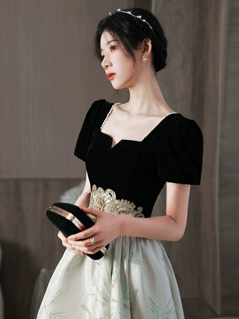 Lovely Short Sleeves Satin and Velvet Party Dress, Sweetheart Short Homecoming Dress