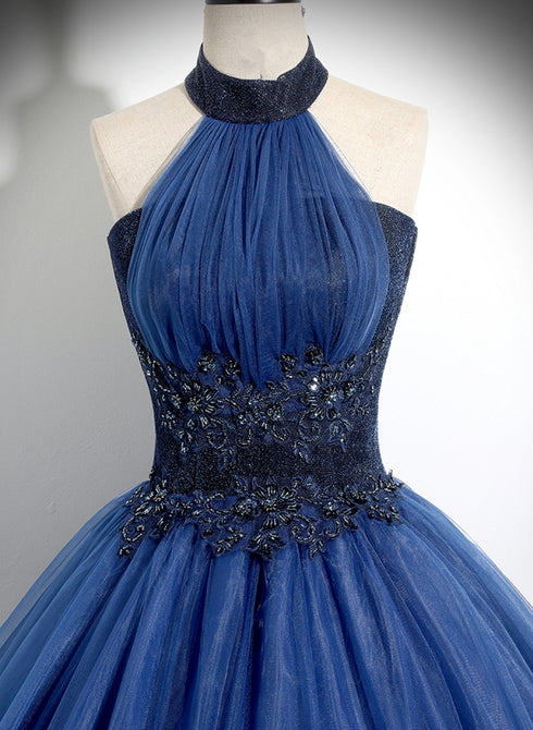 Blue High Neckline Ball Gown Formal Dress, Blue Tulle Sweet 16 Dress Party Dress