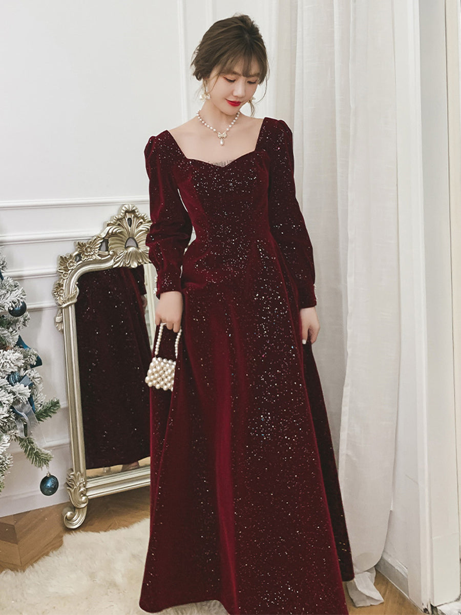 Wine Red Velvet Long Sleeves A-line Party Dress, Wine Red Long Formal
