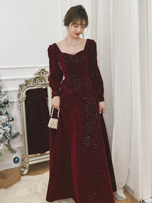 Wine Red Velvet Long Sleeves A-line Party Dress, Wine Red Long Formal Dress