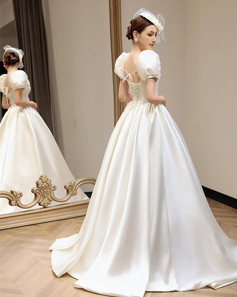 White Satin Short Sleeves Beaded Flowers Long Party Dress, White Satin Prom Dress