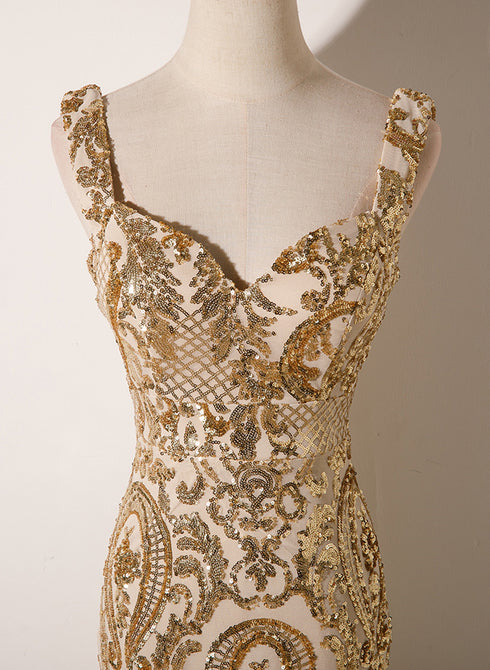 Champagne Mermaid Straps Long Evening Dress, Champagne Sequins Prom Dress
