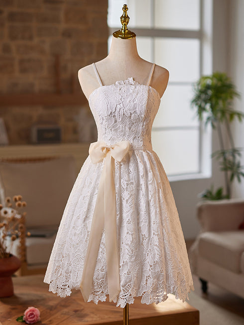 White Lace Short Straps Lace-up Party Dress, White Lace Formal Dress Evening Dress