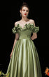 Green Satin Off Shoulder Prom Dress, A-line Green Evening Dress Party Dress
