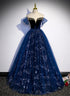 Navy Blue Tulle Off Shoulder Beaded Long Party Dress, Navy Blue Tulle Prom Dress