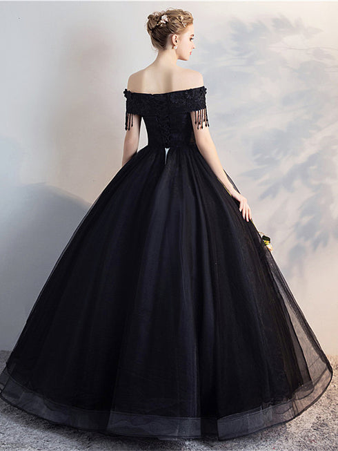 Black Off Shoulder Tulle with Lace Applique Party Dress, Sweetheart Ball Gown Prom Dress