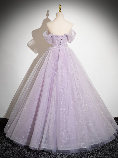 Lavender Tulle Sweetheart Off Shoulder Long Formal Dress, Lavender Prom Dress