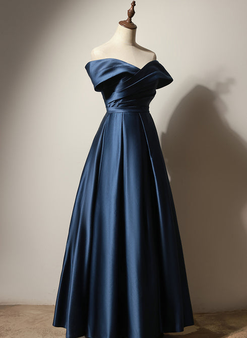 A-line Navy Blue Satin Long Party Dress, Navy Blue Prom Dress