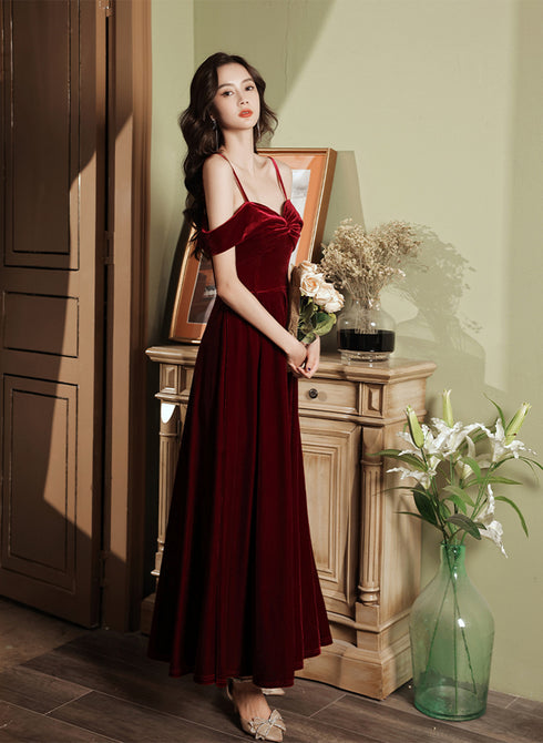 Wine Red Velvet Simple Sweetheart Off Shoulder Party Dress, Wine Red Velvet Prom Dress