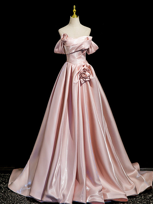A-line Pink Satin Strapless Long Formal Dress, Pink Satin Off Shoulder Prom Dress