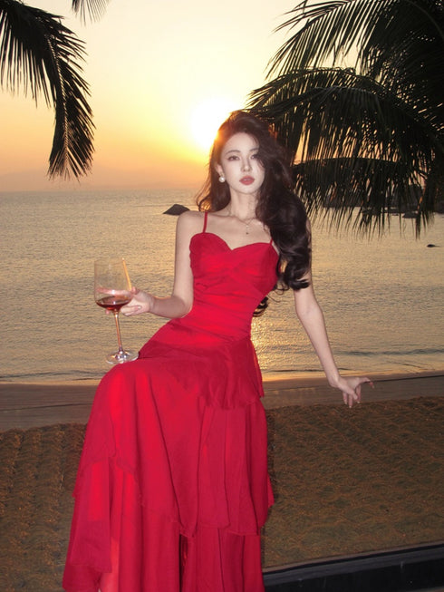 Red Chiffon Sweetheart Straps Layers Party Dress, Red Chiffon Evening Dress Prom Dress