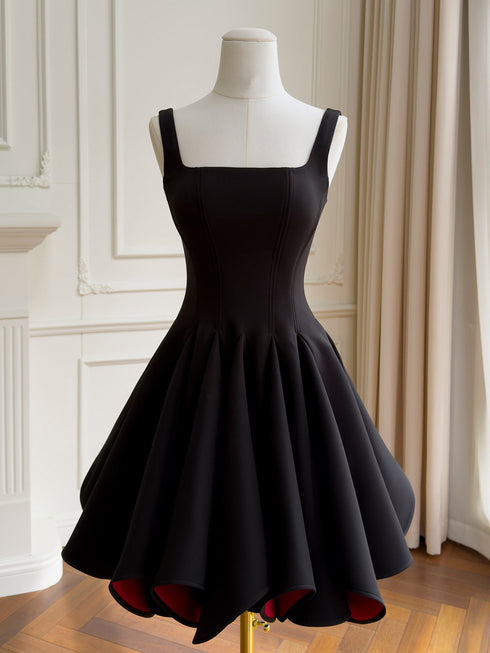 Square Neck Sleeveless A-Line Mini Dress Fitted Homecoming Dress, Black Party Dress with Red Lining