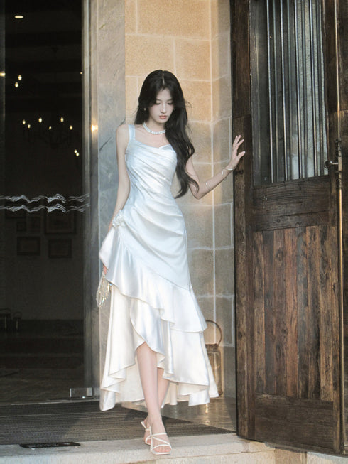 White Satin High Low Party Dress with Ruching and Tiered Ruffle, White Wedding Party Dress