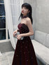 Wine Red Velvet Beaded Long Prom Dress, Wine Red Velvet Party Dress