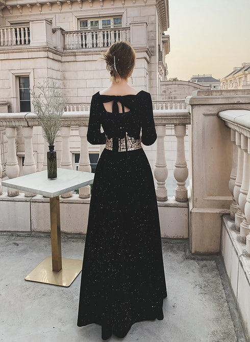 Black Long Sleeves Velvet A-line Formal Dress, Black Floor Length Party Dress