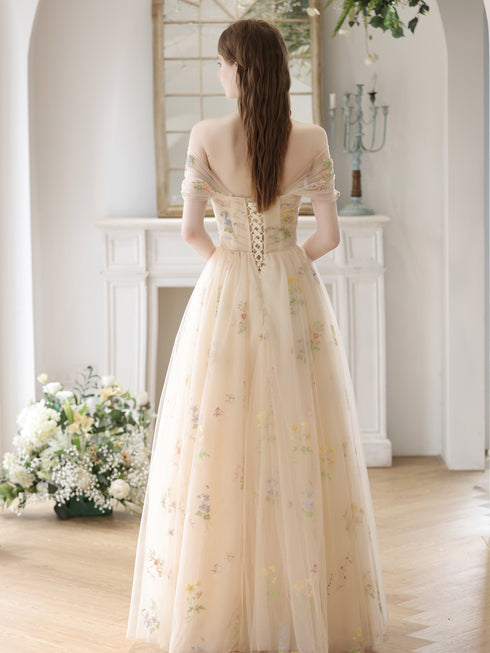 Light Champagne Floral Tulle Off Shoulder Party Dress, A-line Floral Prom Dress