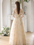 Light Champagne Floral Tulle Off Shoulder Party Dress, A-line Floral Prom Dress