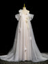 Ivory Tulle with Flowers Scoop Long Wedding Party Dress, Ivory Tulle Long Formal Gown