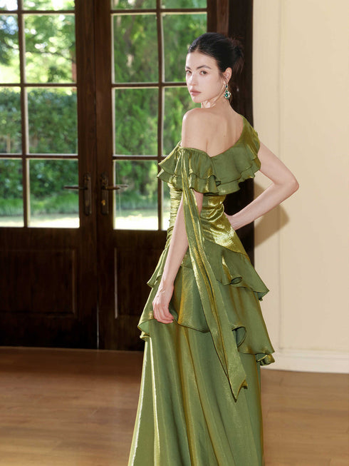 Elegant Green One Shoulder Ruffle Layered Prom Dress, Green A-line Floor Length Party Dress