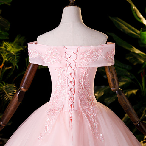 Pink Tulle Off Shoulder Party Dress with Lace Applique, Pink Tulle Sweet 16 Dresses