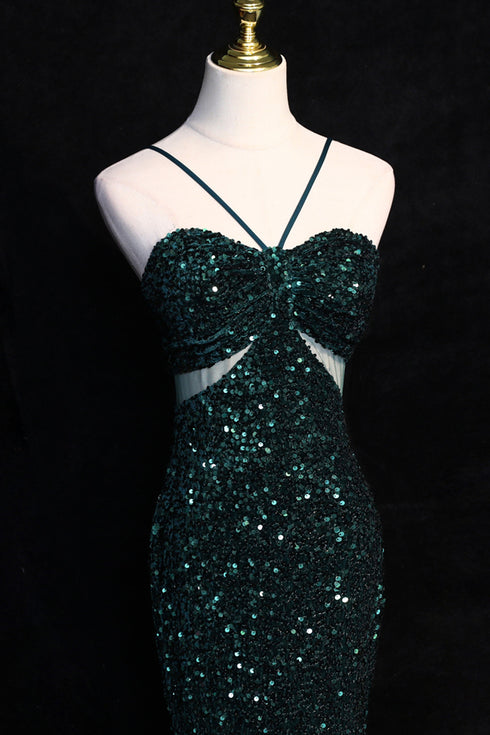 Green Mermaid Straps Sweetheart Floor Length Prom Dress, Green Sequins Long Party Dress