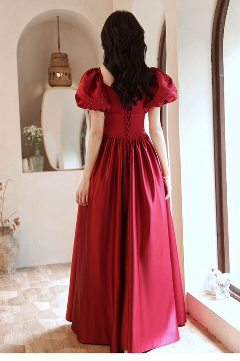 Wine Red A-line Beaded Short Sleeves Prom Dress, A-line Wine Red Long Formal Dress