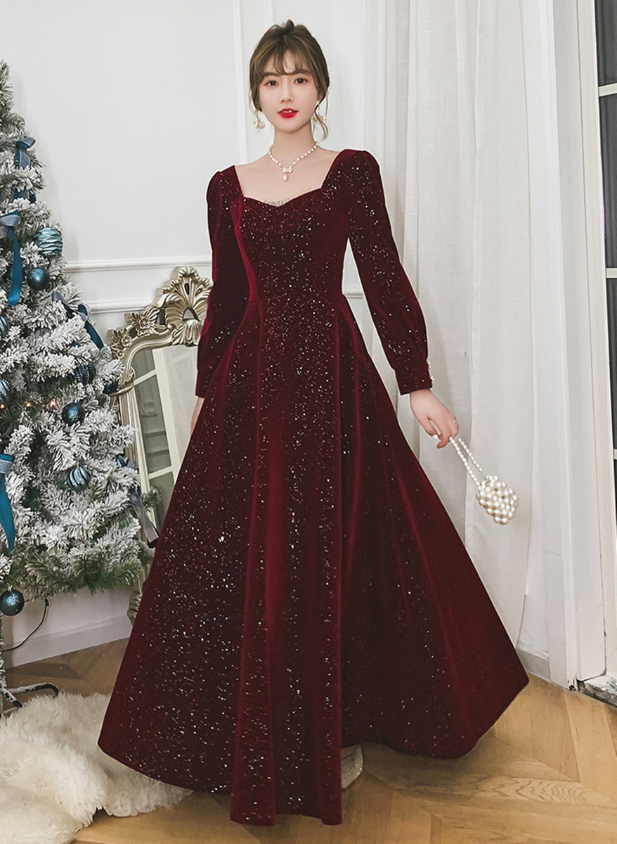 Wine Red Velvet Long Sleeves A-line Party Dress, Wine Red Long Formal