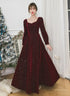 Wine Red Velvet Long Sleeves A-line Party Dress, Wine Red Long Formal Dress