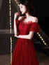 A-line Wine Red Off Shoulder Shiny Tulle Prom Dress, Sweetheart Simple Long Party Dress