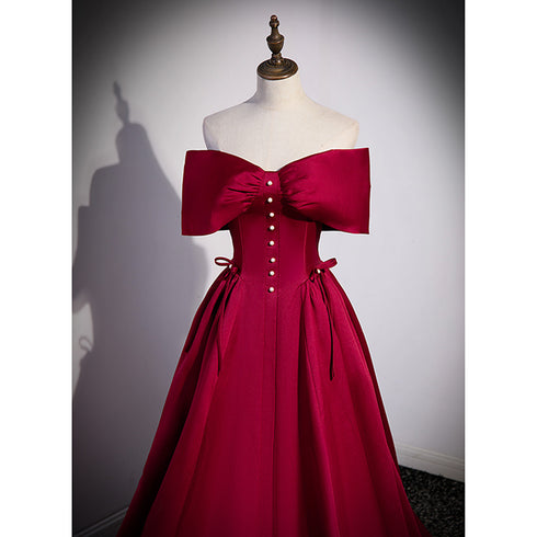 Wine Red Satin Sweetheart Long Evening Dress, Wine Red Satin Prom Dress