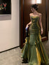 Green Chic Straps Long Prom Dress, Ruched Mermaid Green Evening Gown