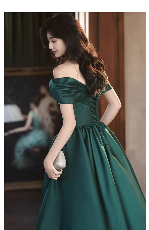 Green Satin Off Shoulder Long Party Dress, Green A-line Chic Prom Dress